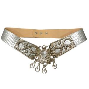 Leatherock Statement Buckle Belt Women's L Silver Croc Embossed Item #4651